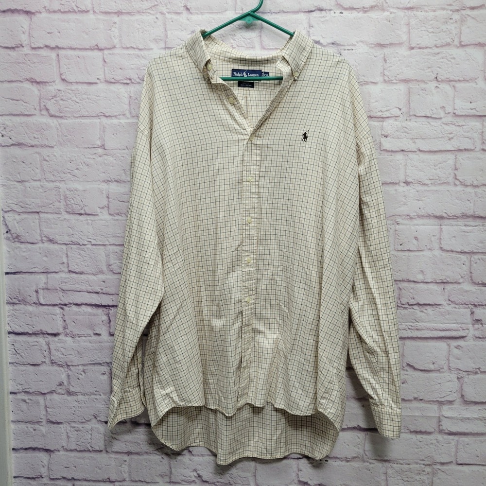 Ralph Lauren Blake Plaid Button Down Shirt Sz XXL Off White Cotton Skater Preppy